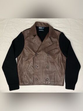 Polo by Ralph Lauren Brown Leather Jacket with Black Cashmere Wool Knit Sleeves
